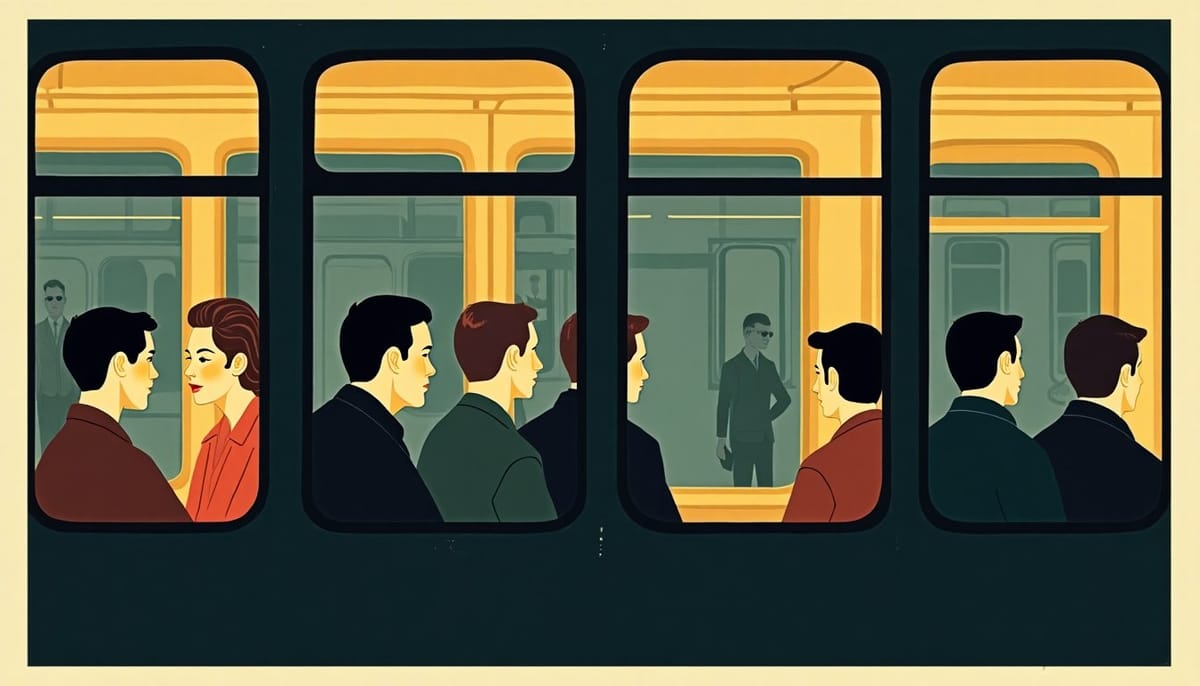 A tram interior at night