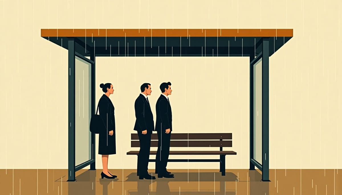 A bus stop shelter in the rain