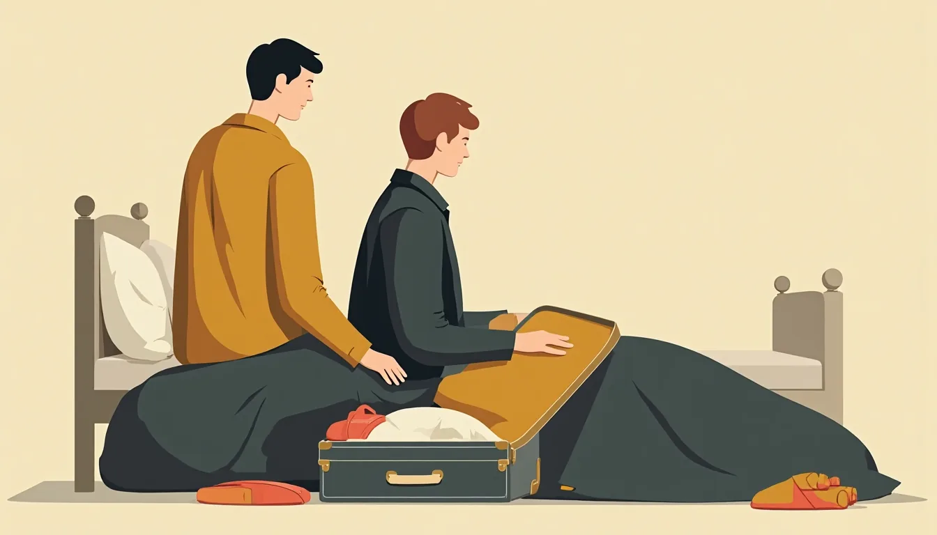 A half-packed suitcase open on a bed