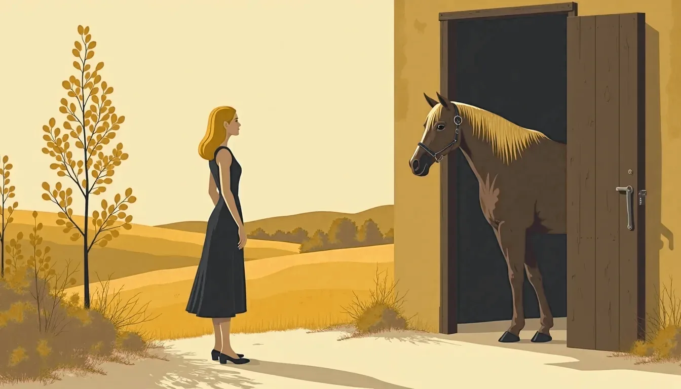 Femme debout face à un cheval sur le seuil d'une écurie