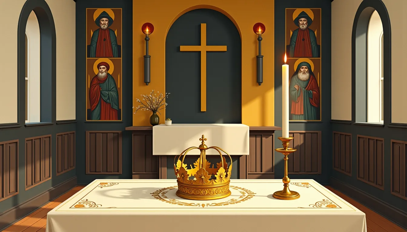 Couronne de mariage orthodoxe posée sur l'autel d'une église en bois