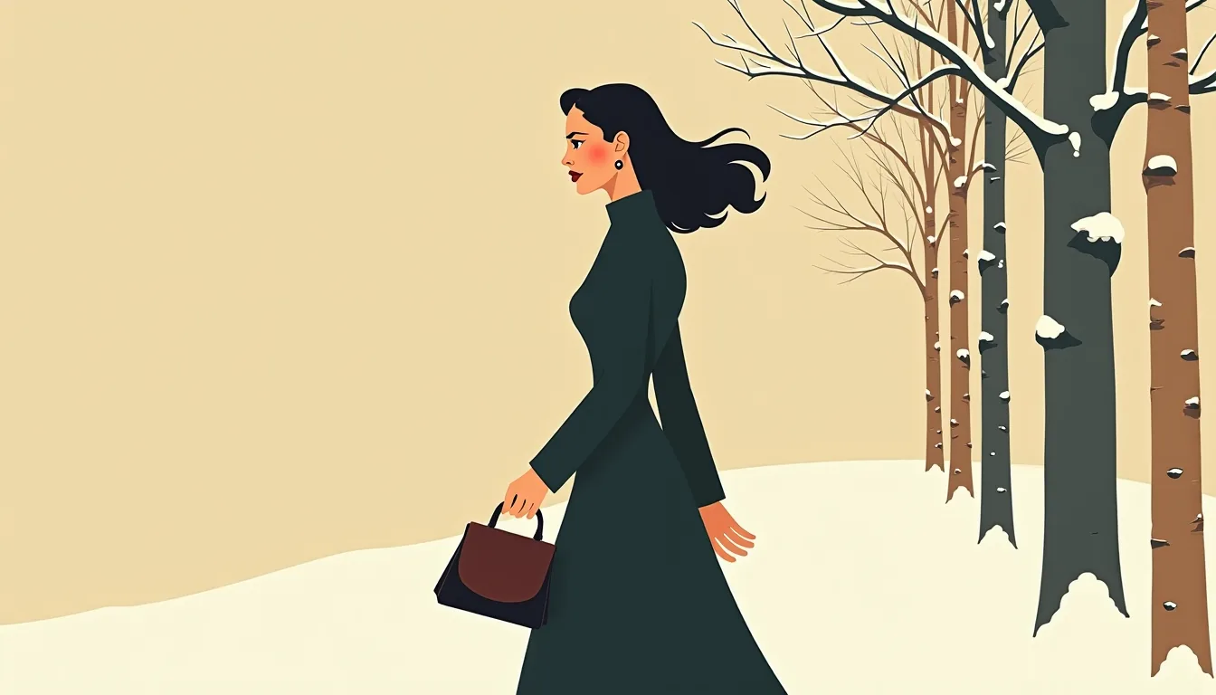 Femme marchant dans la neige le long d'un bosquet de bouleaux