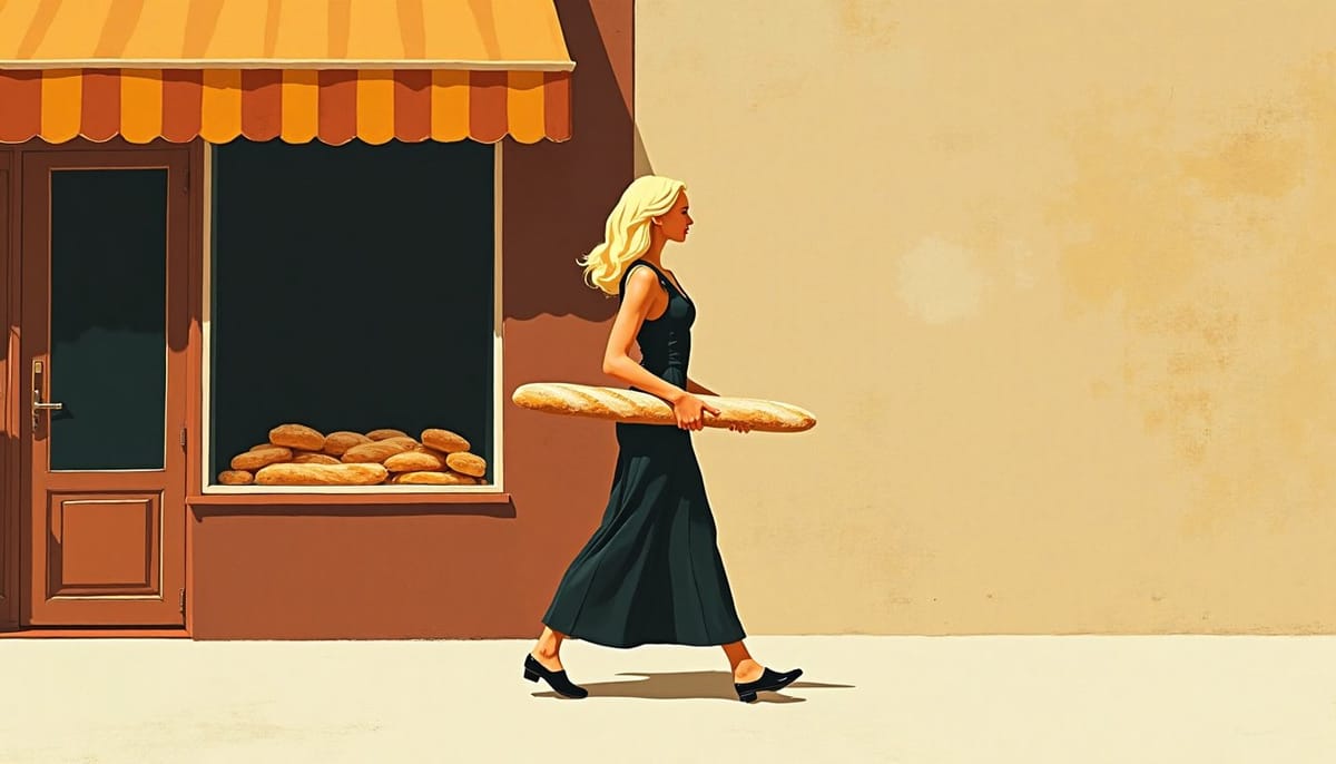 Une jeune femme blonde sort d’une boulangerie parisienne, une baguette sous le bras