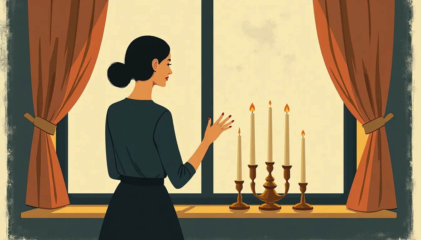 A woman lighting candles on a windowsill for a holiday evening