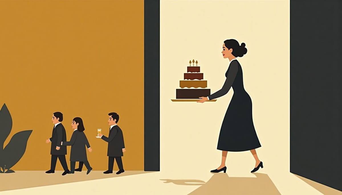A woman carrying a tiered cake through a doorway
