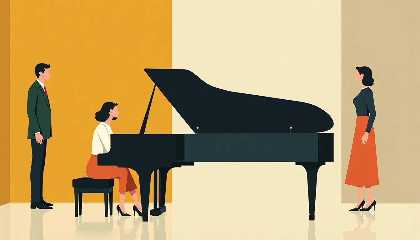 A woman playing piano in an empty hall