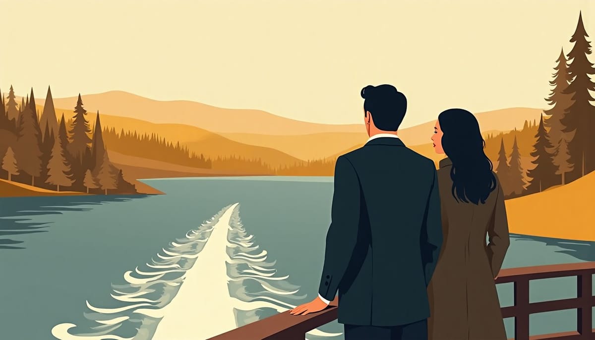 A couple seen from behind at the rail of a ferry