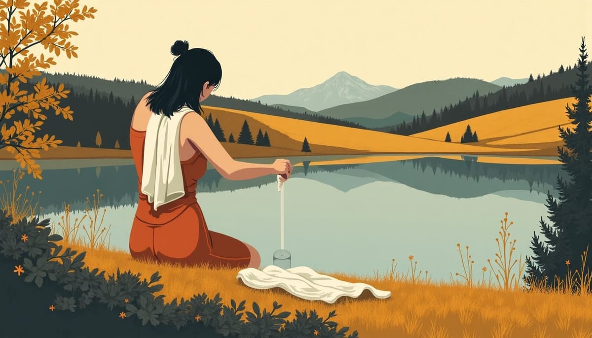 A woman wringing out her hair at the edge of a lake