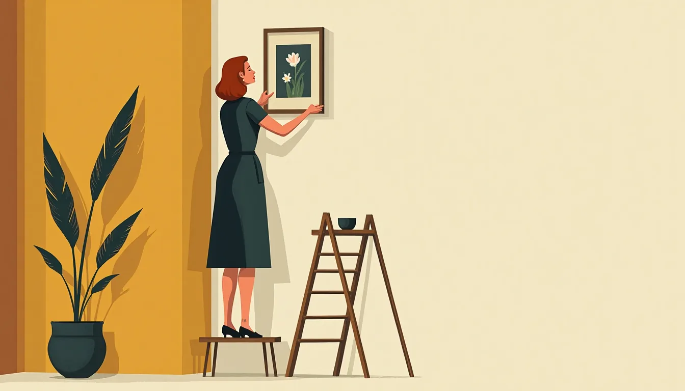 A woman on a step-ladder hanging a picture