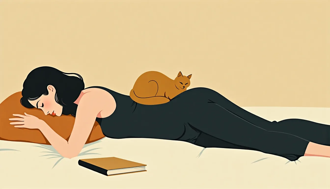 Femme allongée sur son lit, un chat roulé en boule sur elle