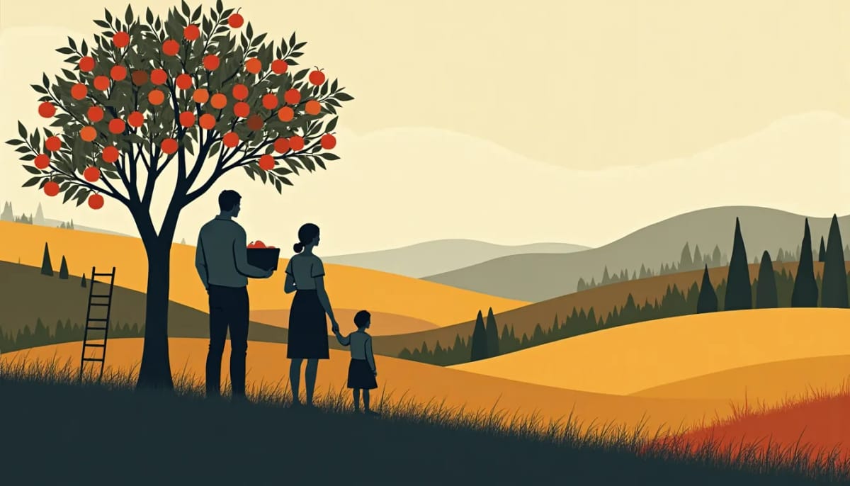 A family gathering apples in an orchard