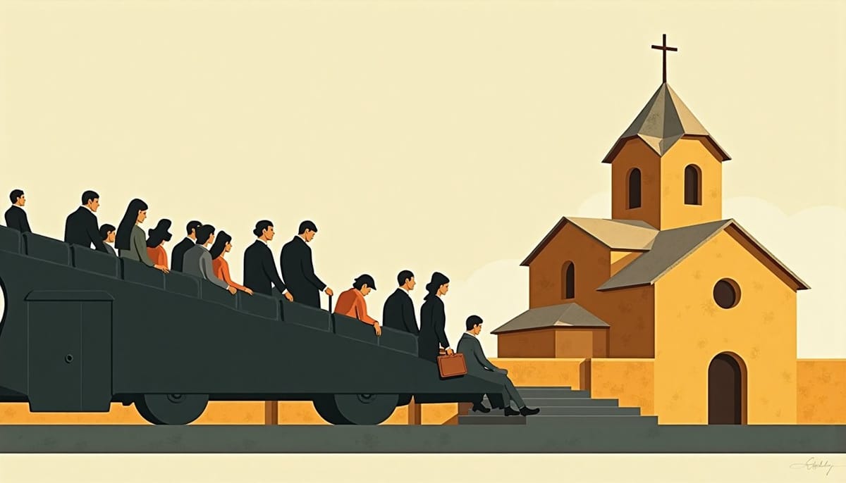 A coach parked outside a monastery
