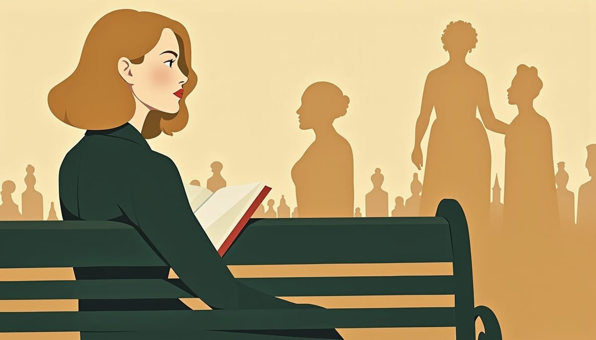 Eastern European woman valuing male initiative, mid-century illustration