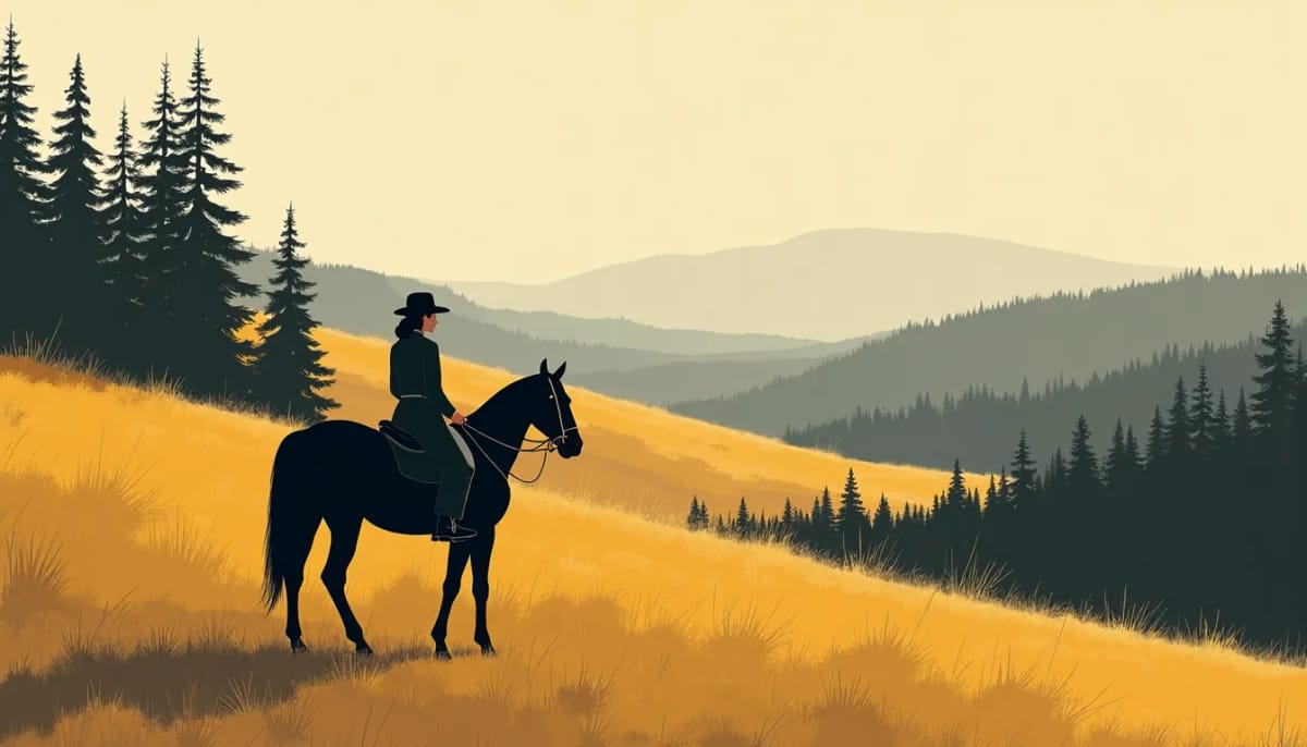 A woman on horseback at the edge of a pine wood