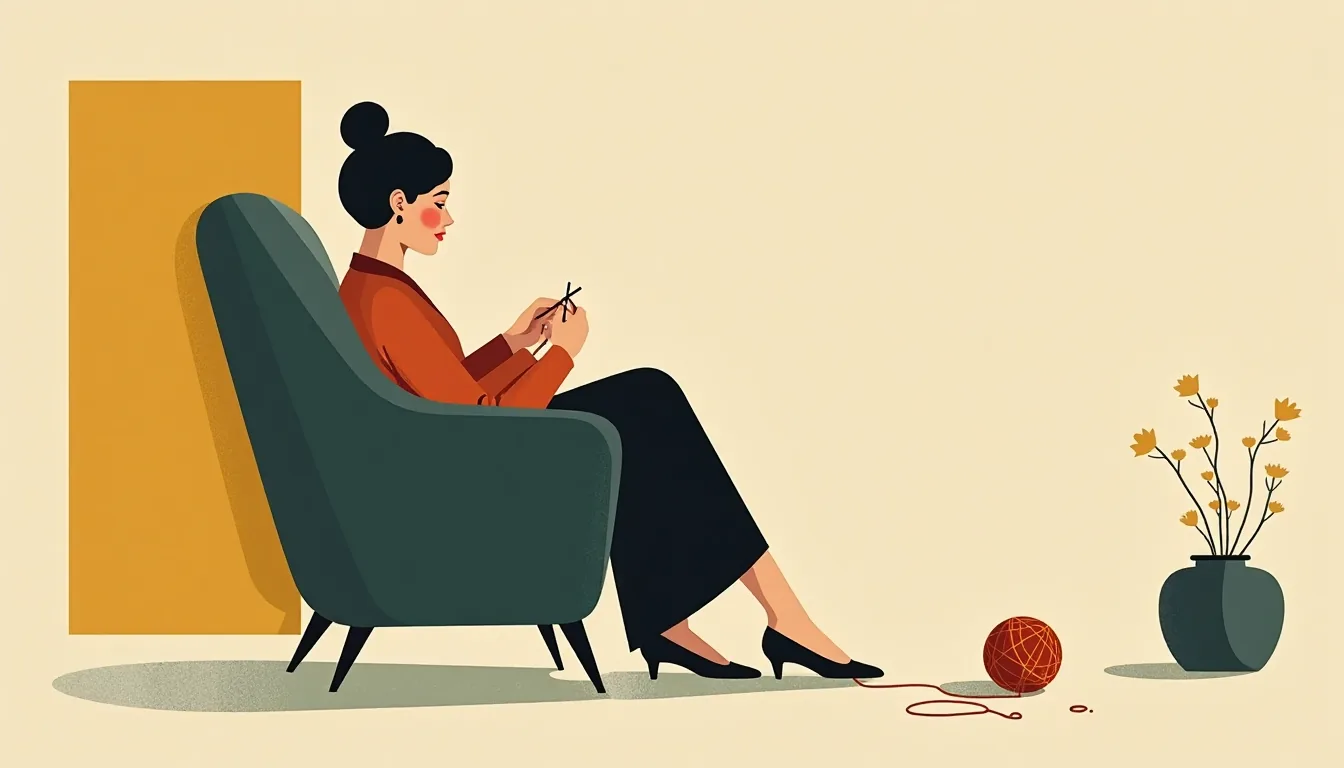 A woman knitting in an armchair