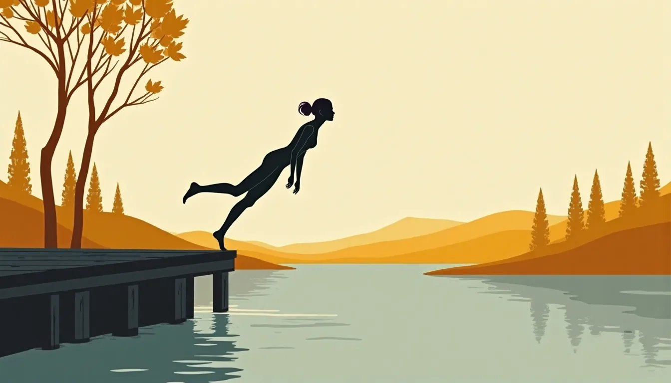A woman mid-dive from a wooden jetty