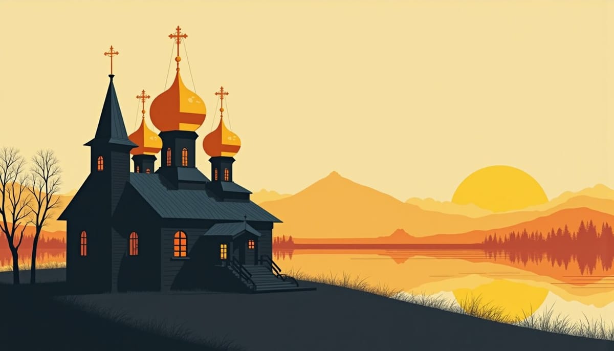 Russian landscape and women's candid views on age gap, mid-century illustration