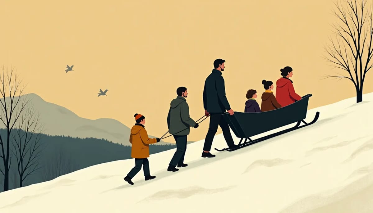 A family loading a sledge onto a snowy hill
