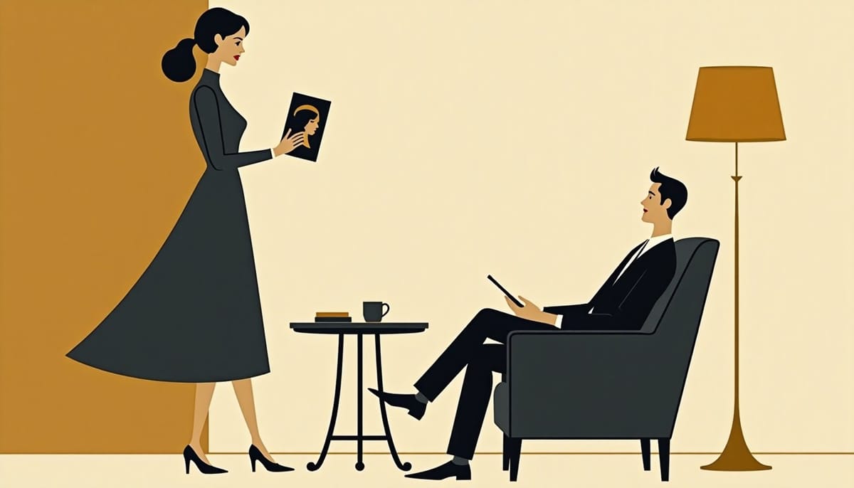 Conseillère d'agence matrimoniale présentant des profils vérifiés, mid-century