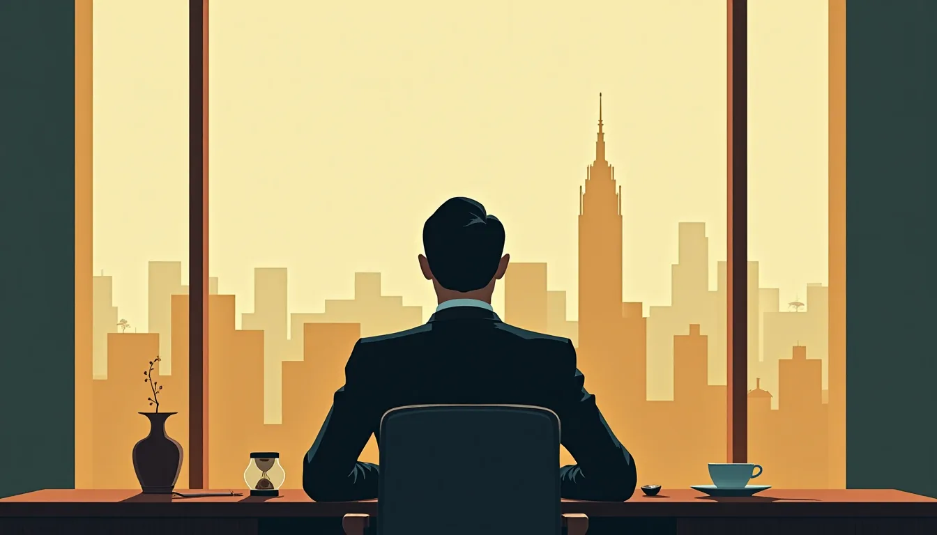 Homme évaluant l'efficacité d'une agence matrimoniale, illustration mid-century