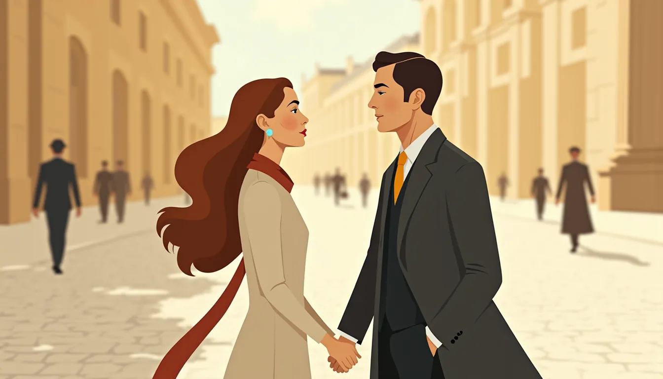 Couple traversant la place Vendôme à Paris en fin d'après-midi