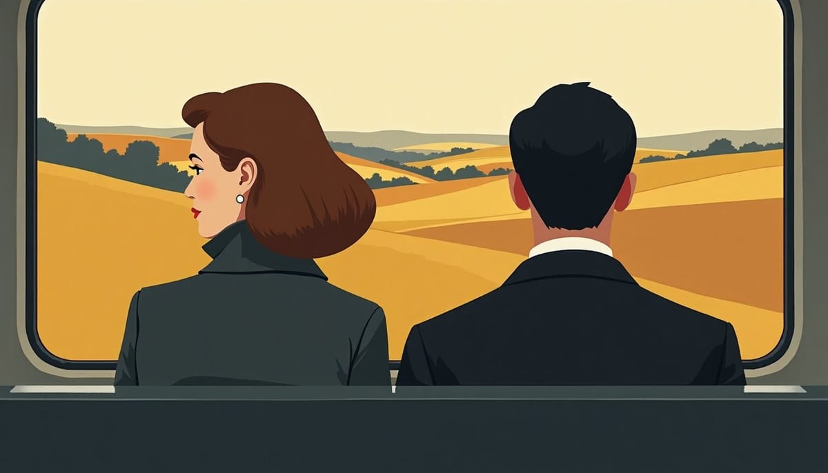 Couple seen from behind on a train seat, looking out at rolling ochre fields