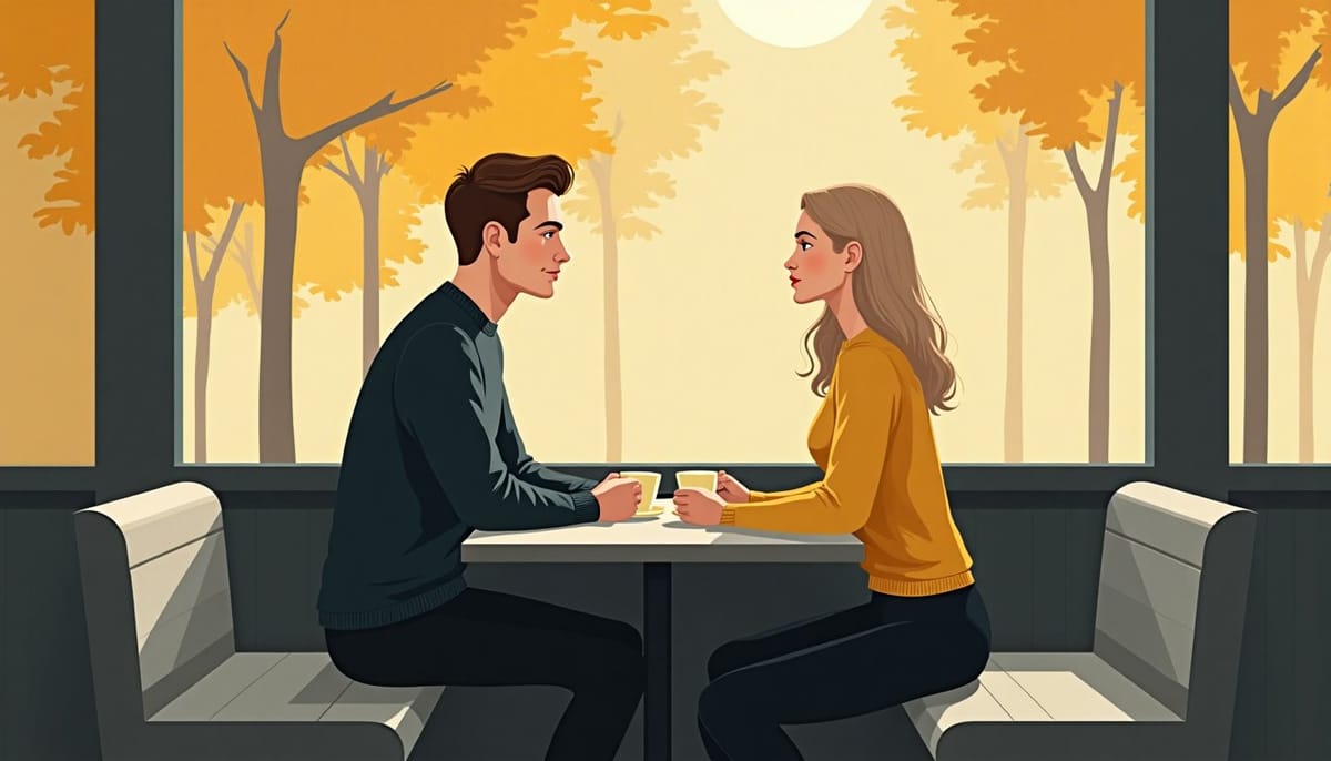 Couple talking face to face over two cups of tea at a window table