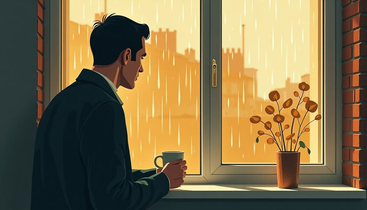 Man seen from behind at a rainy window of a British terraced house, holding tea