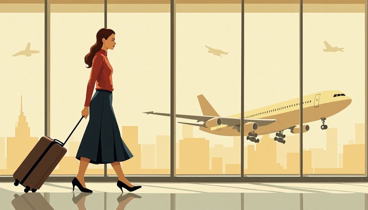 Young woman with chestnut hair walking with a suitcase through an airport hall