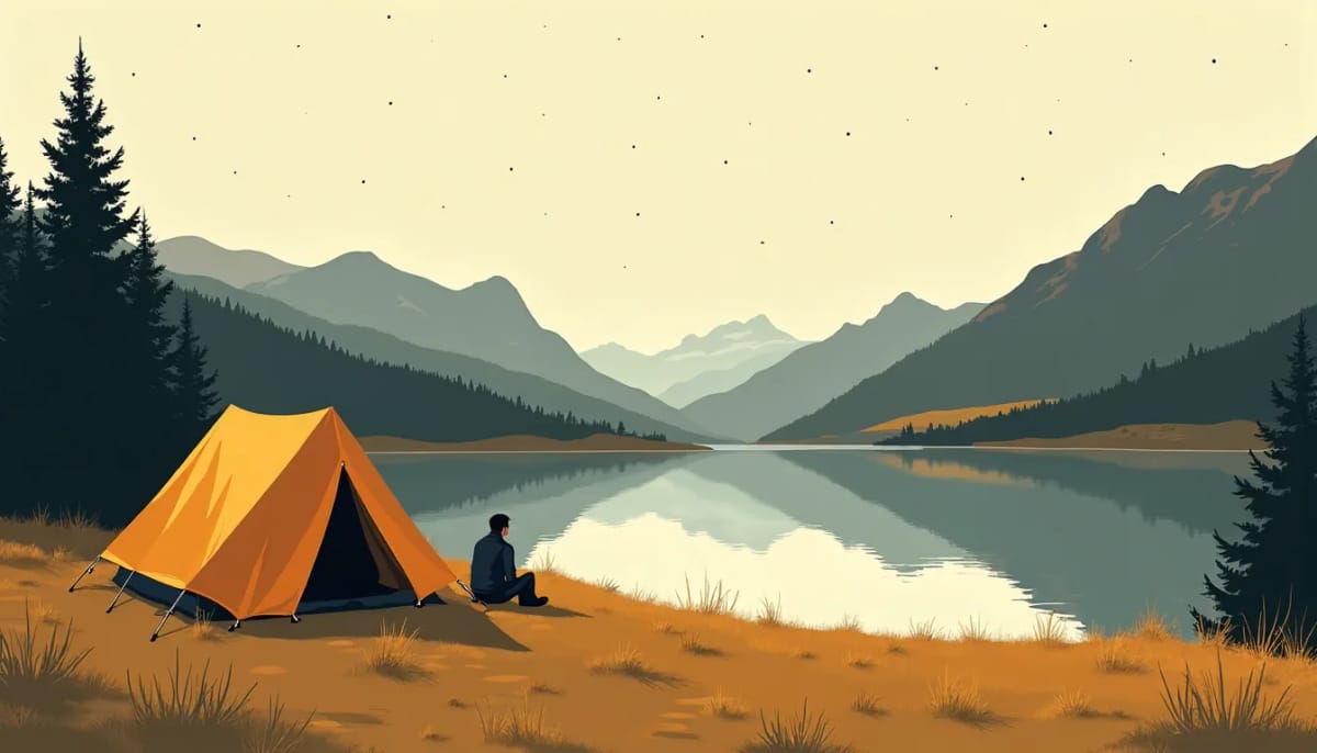 A tent pitched by an alpine lake under a sky of flat stars