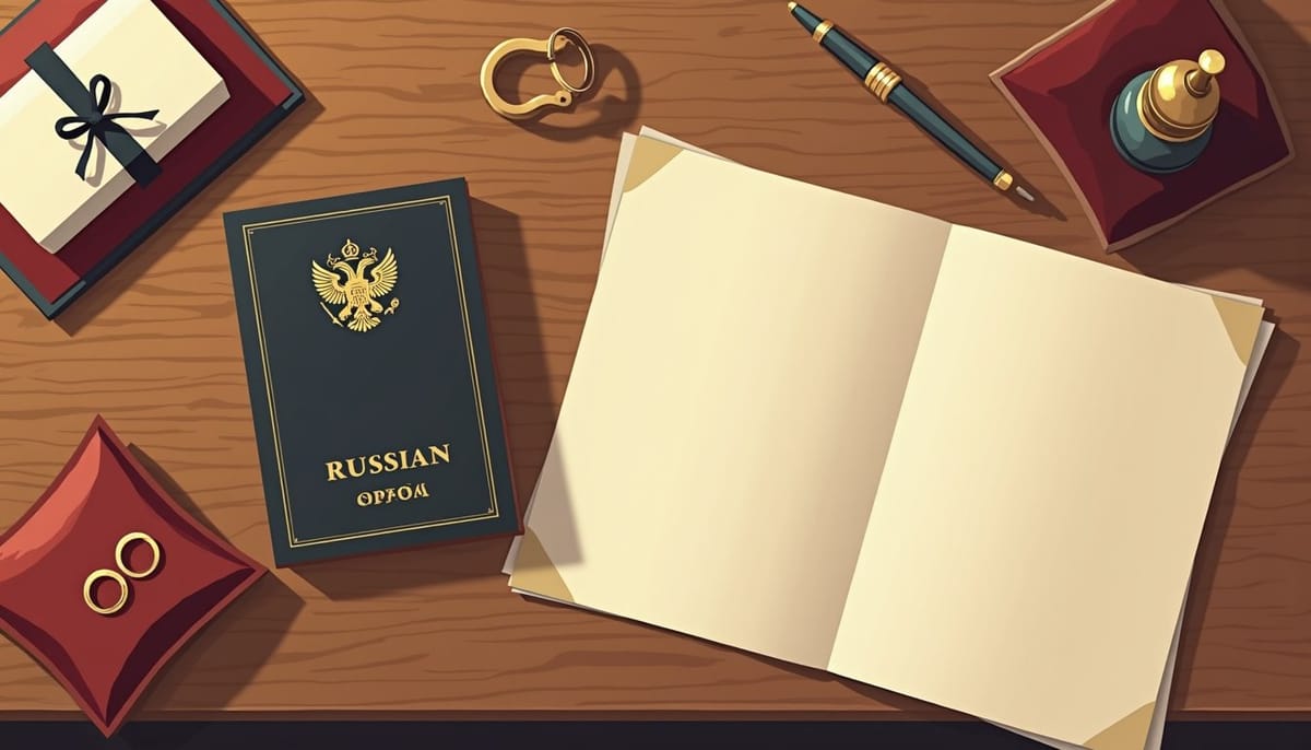 Паспорт, свидетельство и обручальные кольца на столе — документы для брака
