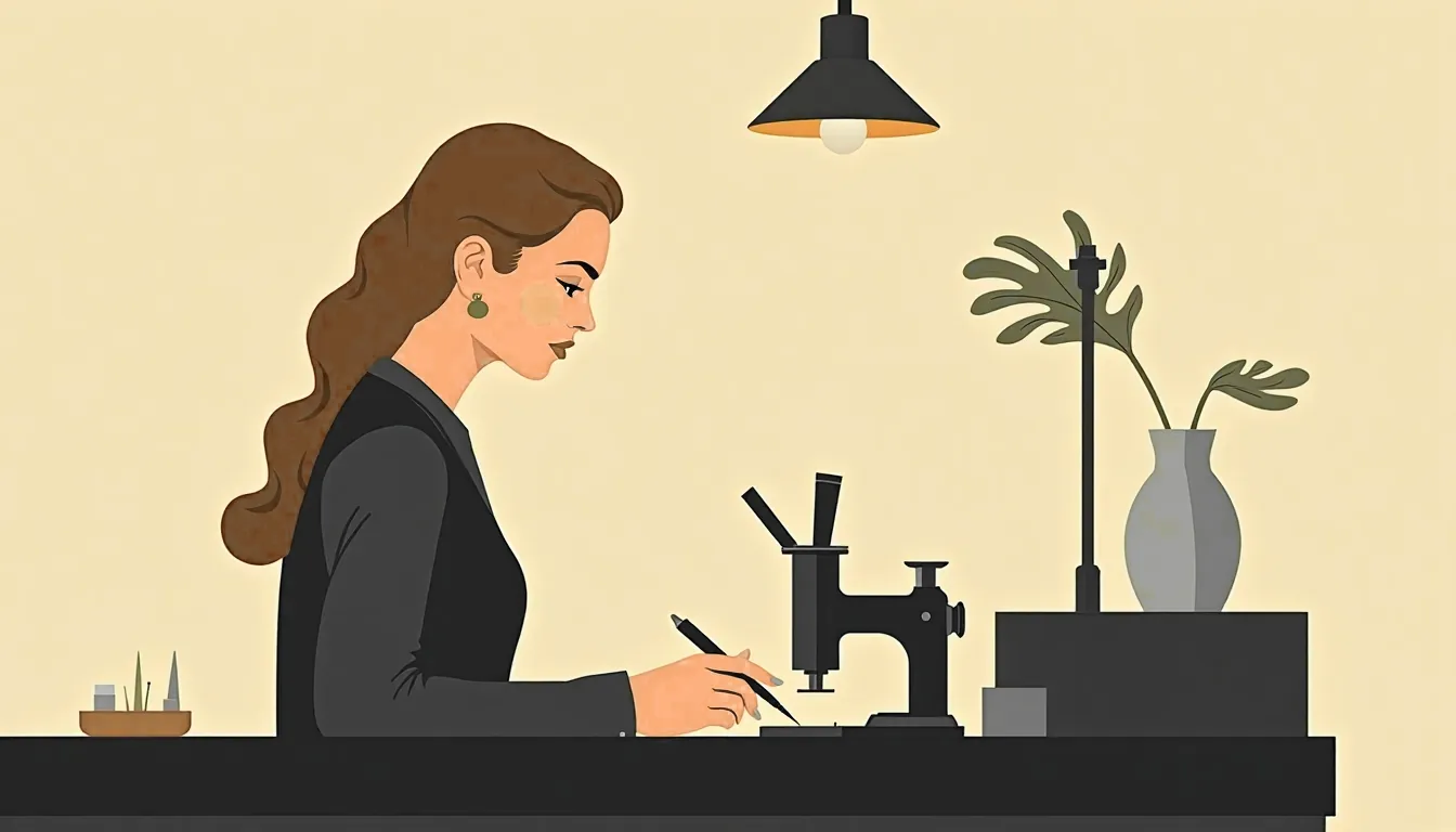 A woman at her workbench beside a magnifier, a fine tool in hand