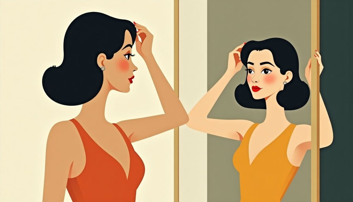 A bride adjusting her veil in front of a mirror