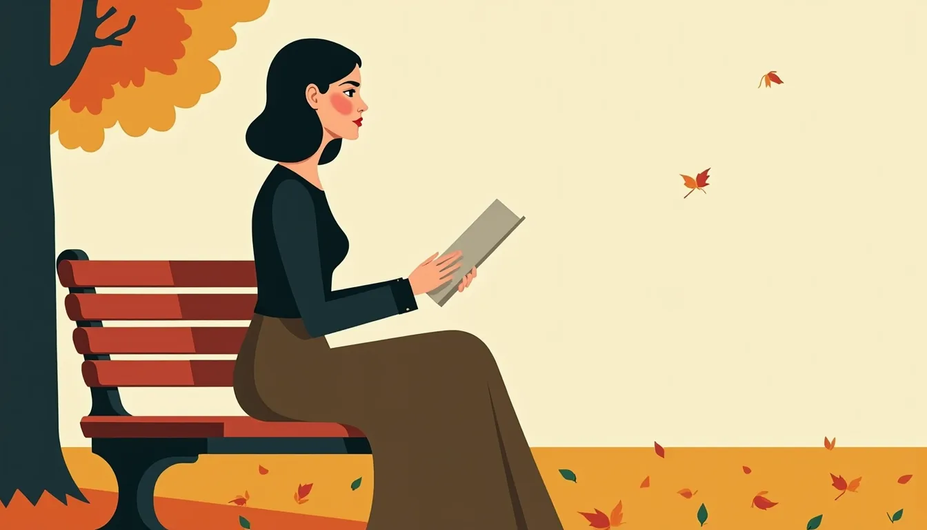 Femme lisant une lettre manuscrite sur un banc en automne