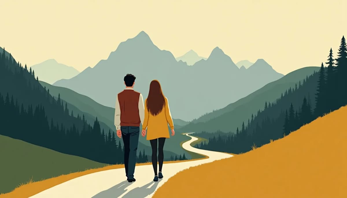 A young Chechen woman with long dark chestnut hair walks beside her fiancé on a mountain road above the green valleys of the Caucasus