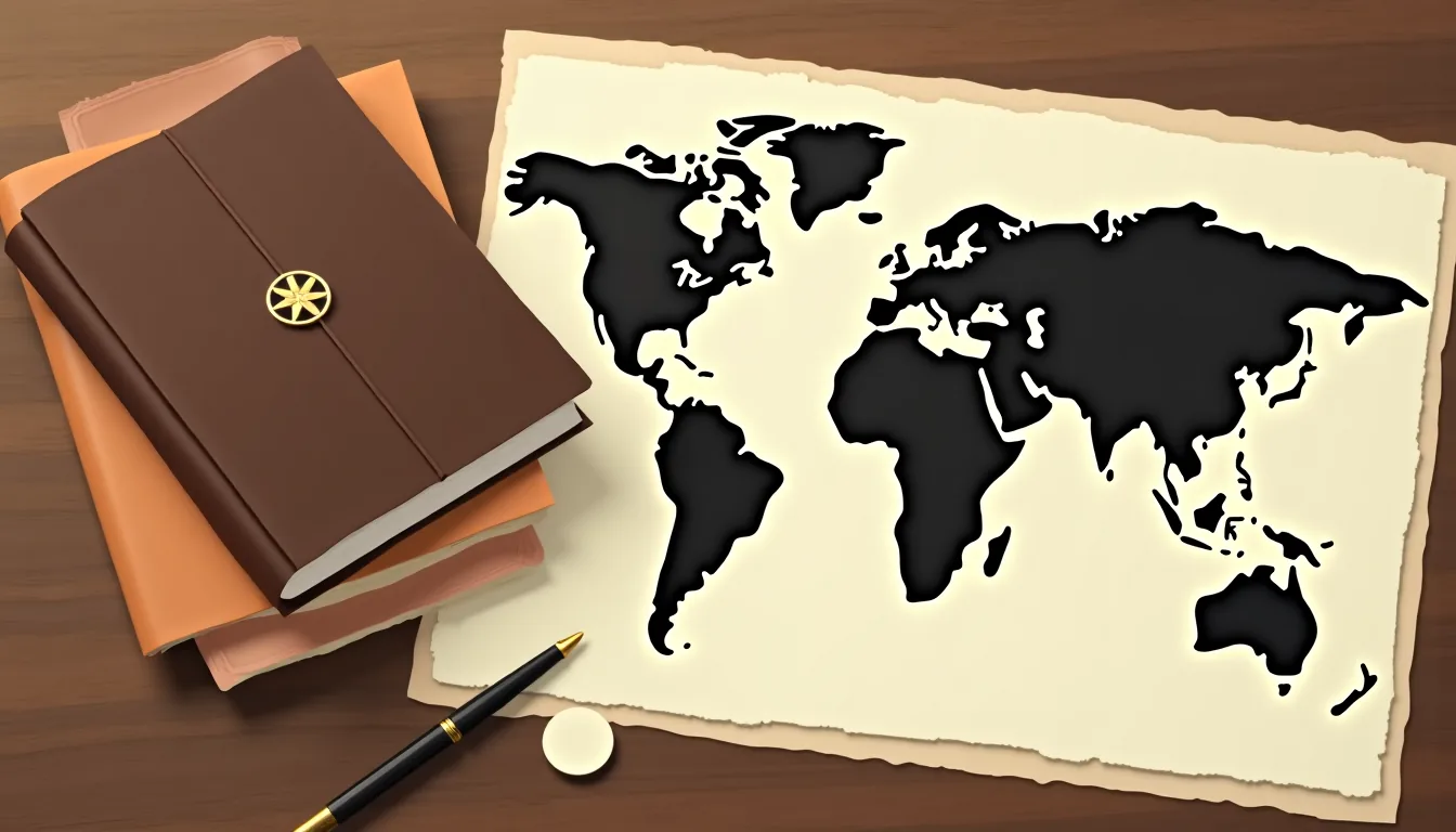 Trois dossiers empilés à côté d'une carte du monde dépliée