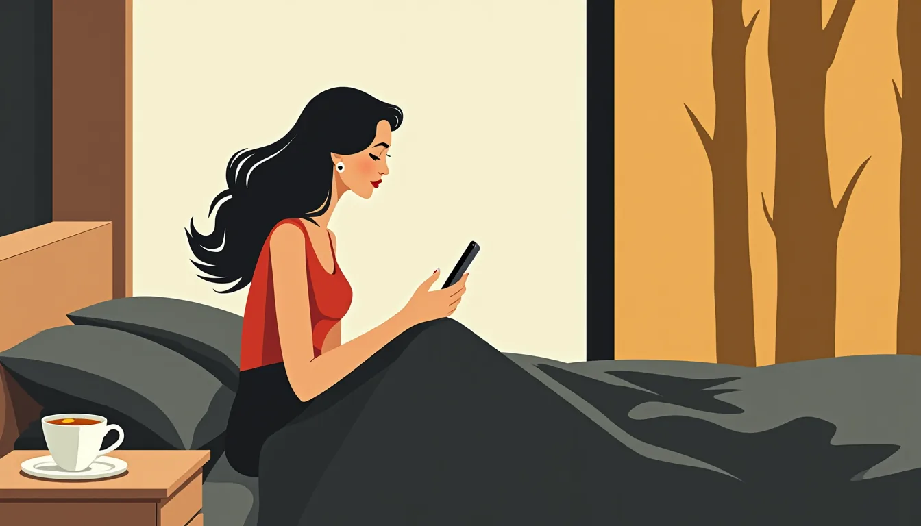 Femme assise au bord du lit, téléphone retourné sur la table de nuit