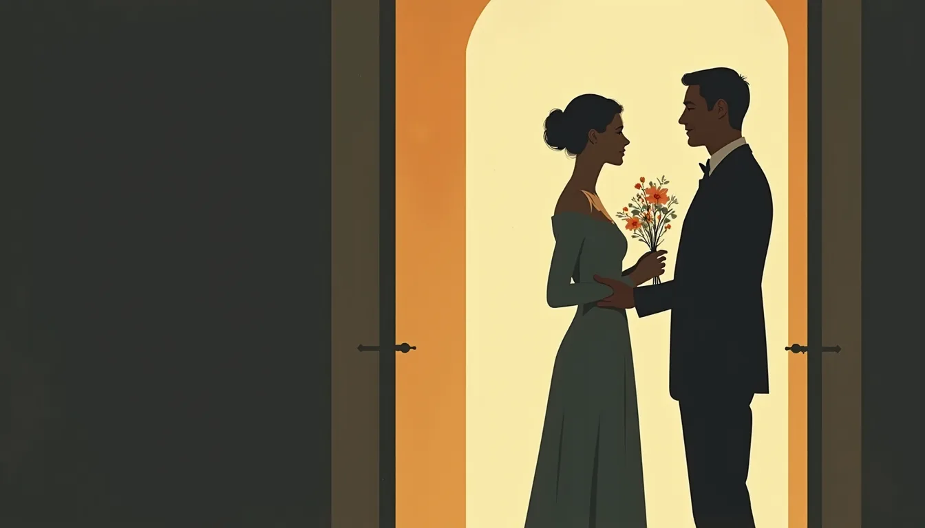 Homme offrant des fleurs à une femme russe, scène de séduction mid-century
