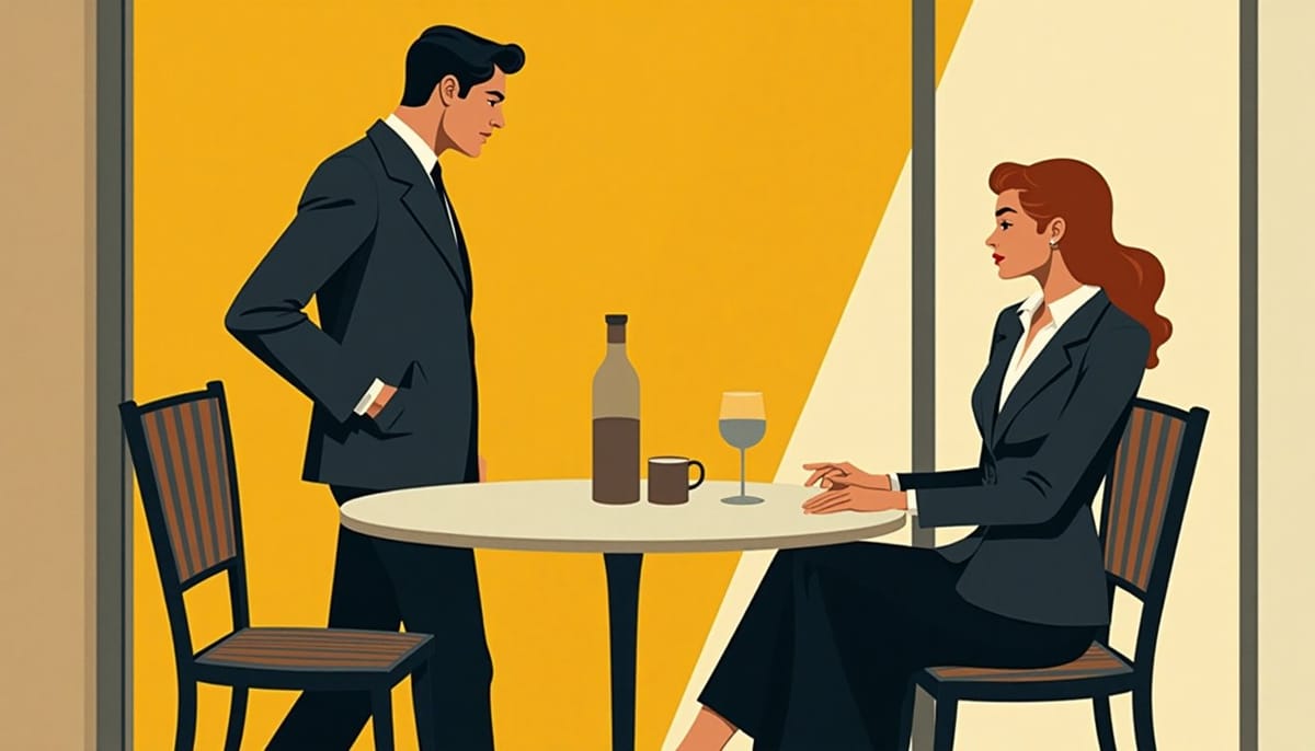 Un homme arrive en retard à un café où une femme regarde sa montre