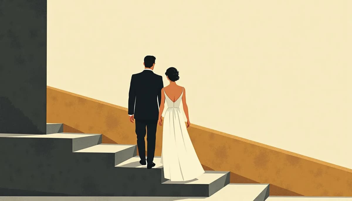 A wedding couple seen from behind walking down a stone staircase