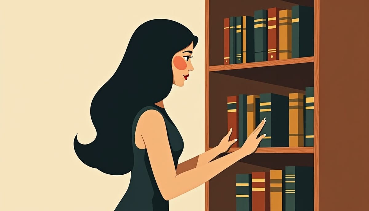 Couple complice où l'homme écoute avec humilité, illustration mid-century
