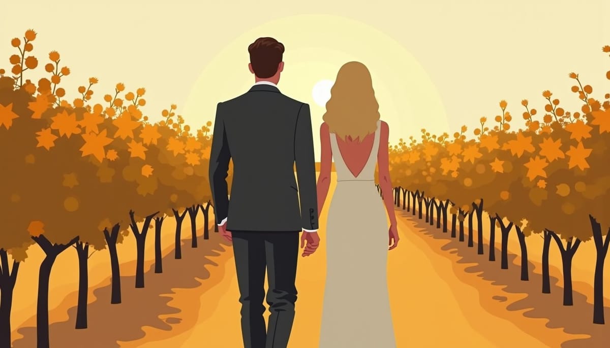 Couple franco-russe accompagné vers une union durable, illustration mid-century