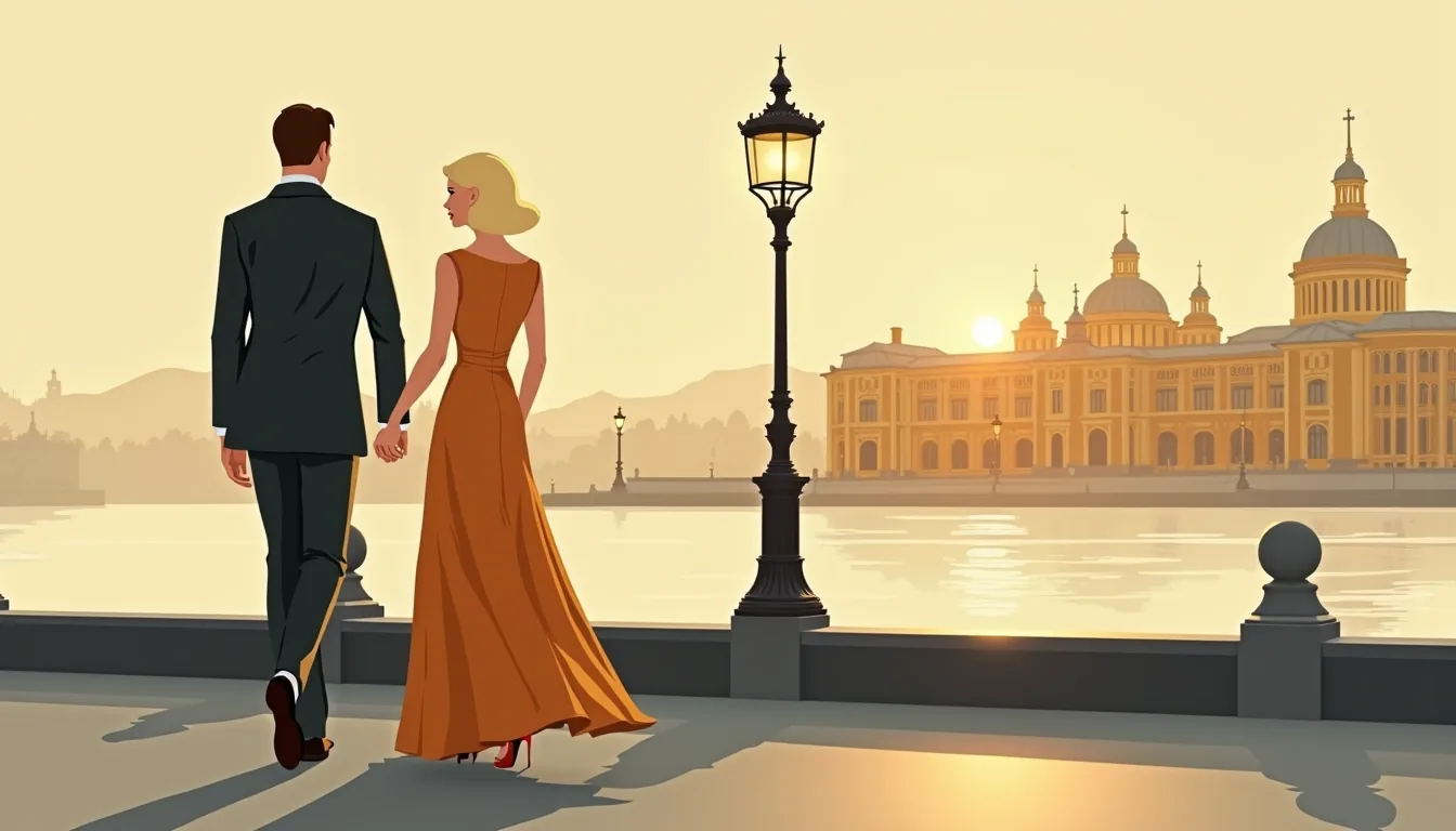Couple marchant main dans la main sur les quais de la Neva à l'aube