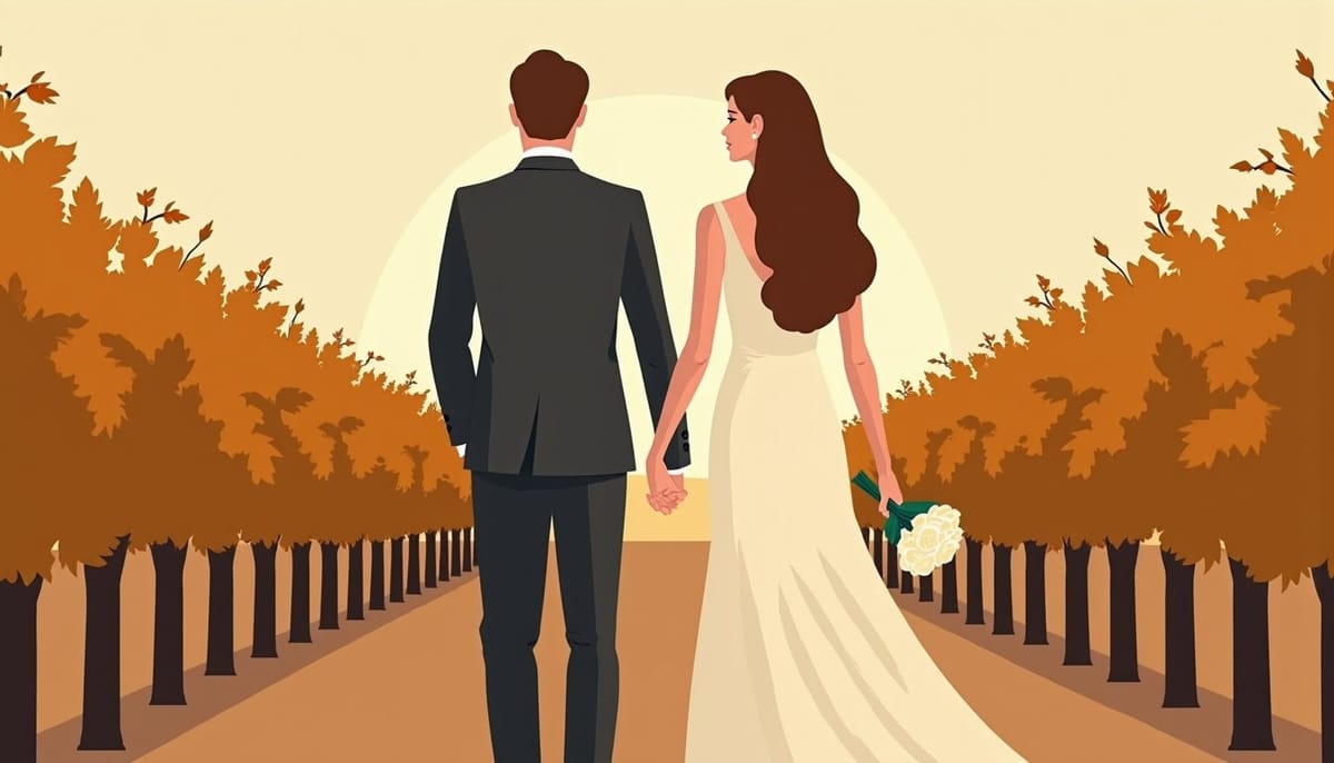 Jeune couple de mariés marchant dans un vignoble
