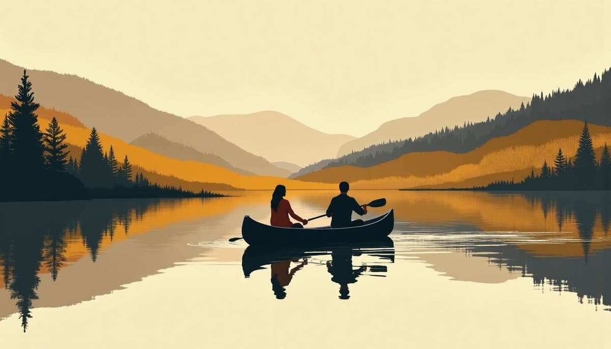 A couple paddling a canoe across a mirror-flat lake