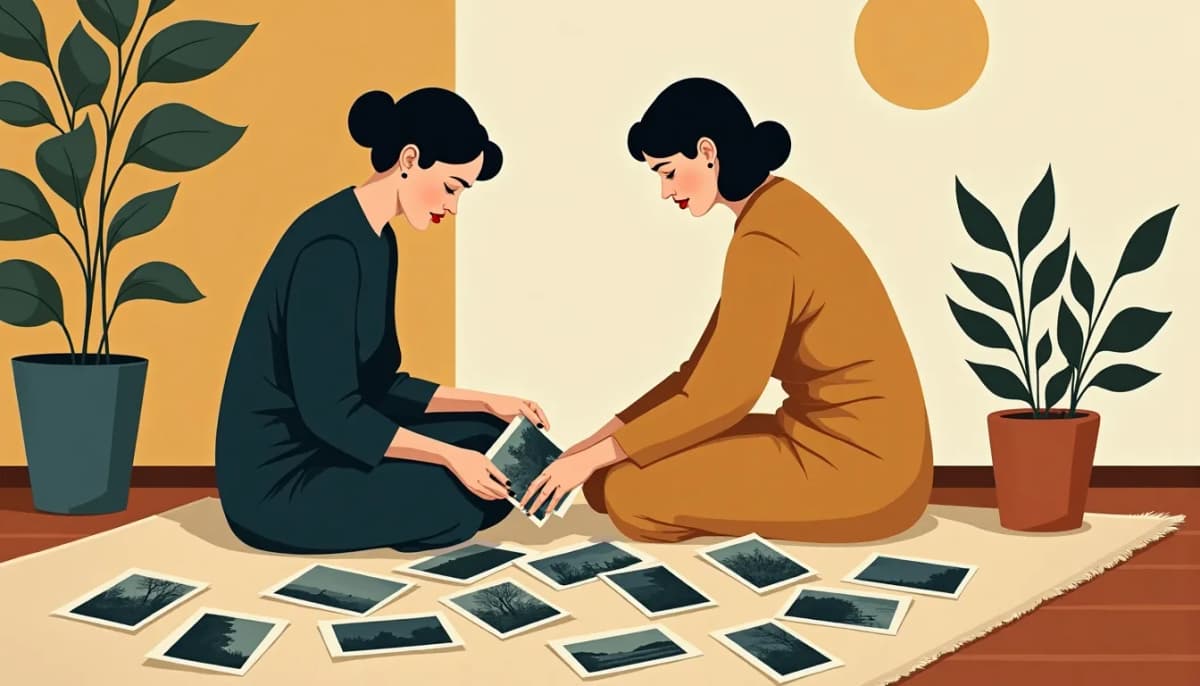 Two women sorting old photographs spread across a living room rug