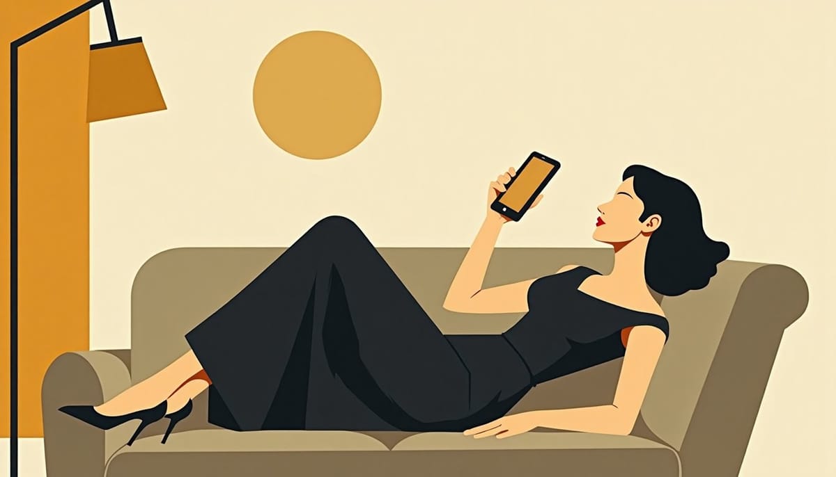 Woman lying on a sofa, feet on the armrest, phone held above her face
