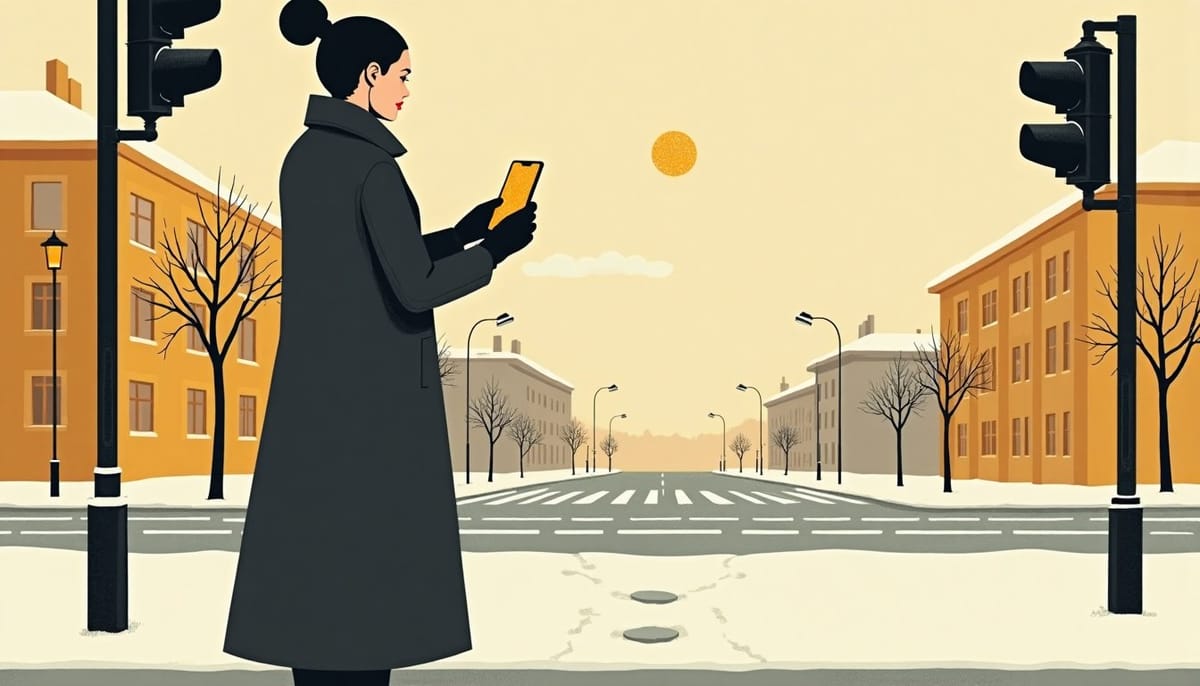 Woman in a long coat waiting at a snowy crossing, phone in her gloved hand