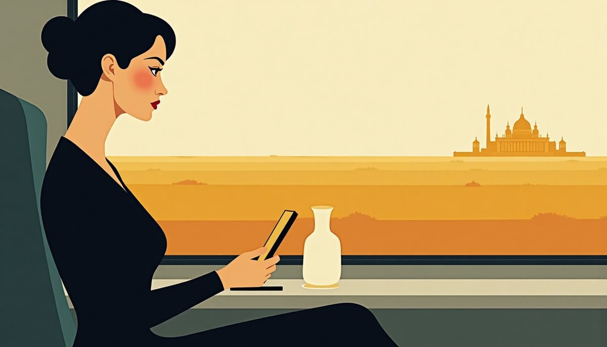 Woman in profile at a train window, phone resting on the table
