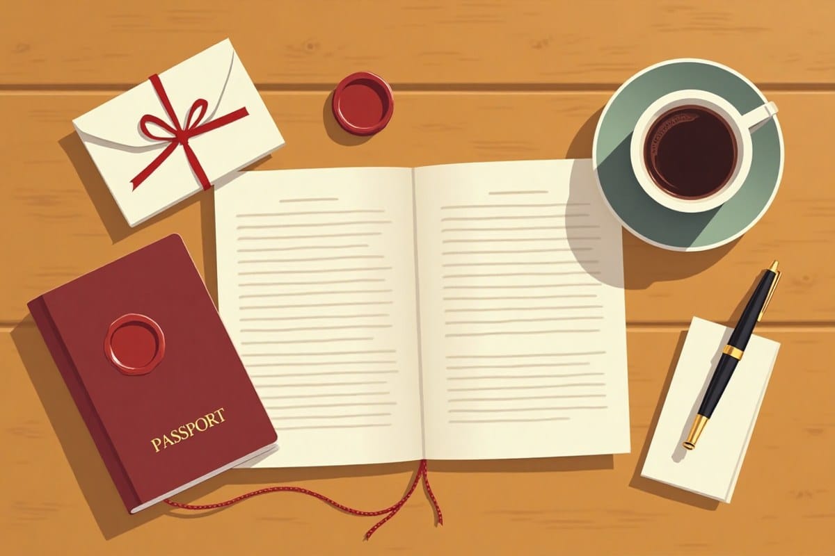 Passeport ouvert, sceau de cire, lettre et tasse de café sur une table